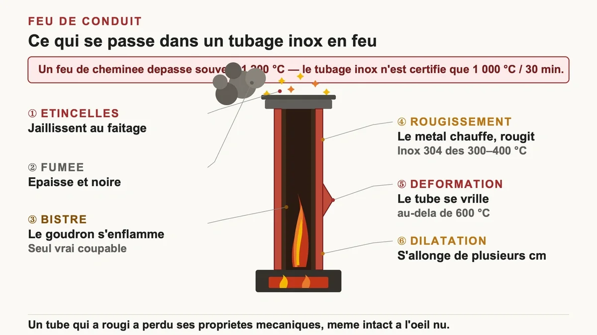 Impact d'un feu dans une cheminée en acier inoxydable avec déformation et fumée noire épaisse