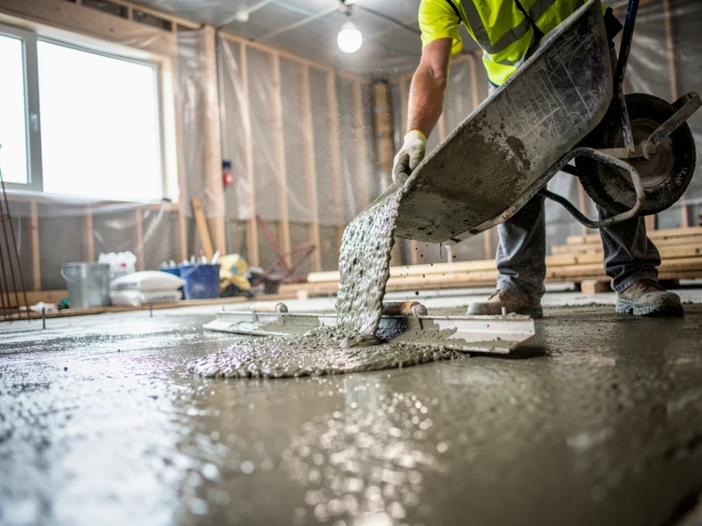 Ouvrier du bâtiment versant un mélange de béton dans un espace intérieur en construction