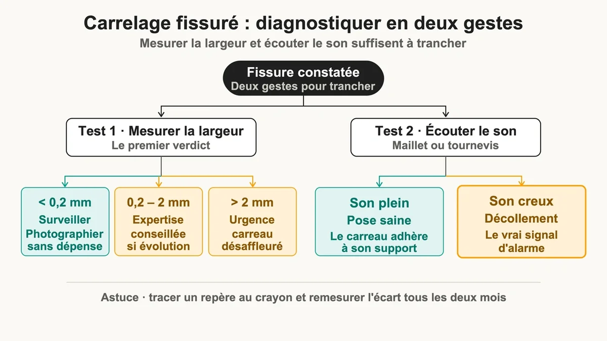 Fissure visible sur des carreaux avec un outil tapant dessus pour le diagnostic du décollement
