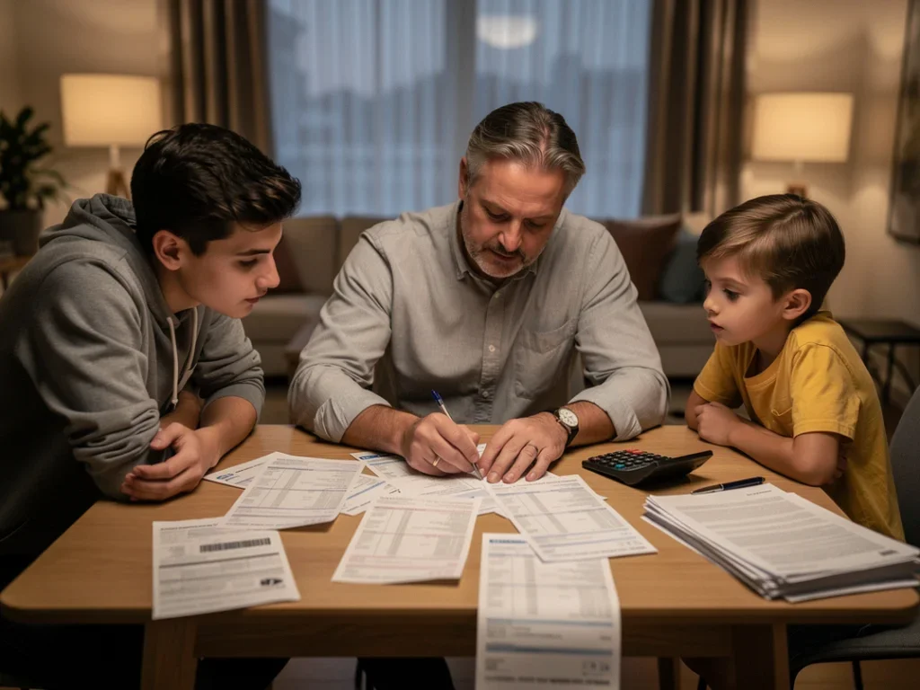 Une famille examine ses factures de fuel dans un intérieur moderne et chaleureux avec une calculatrice sur la table