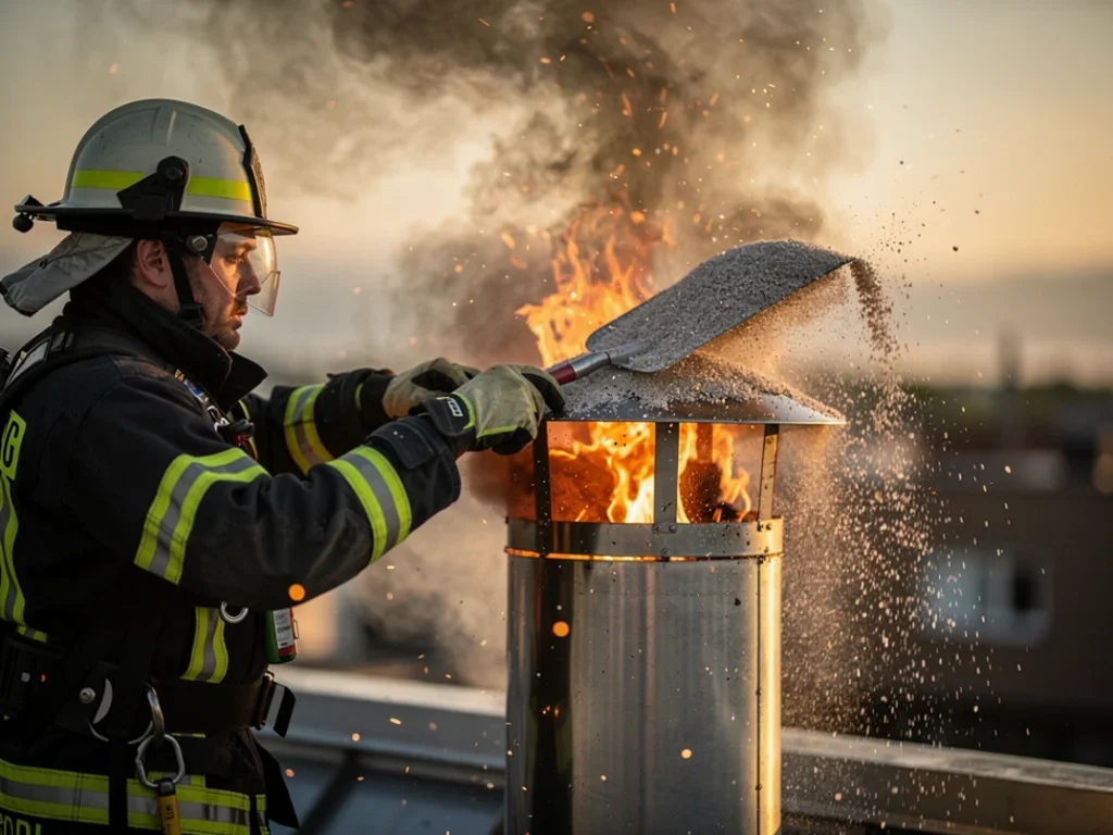 Pompier éteignant calmement un feu dans une cheminée métallique avec du sable et du sel