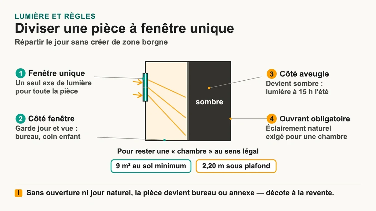 Chambre divisée avec fenêtre bien éclairée pour un aménagement agréable et légal