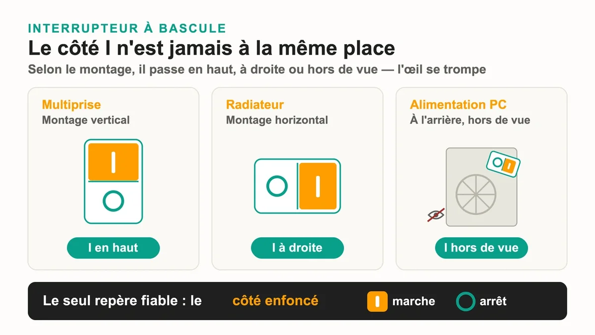 Interrupteur à bascule avec les symboles I et O visibles sous différents angles d'orientation