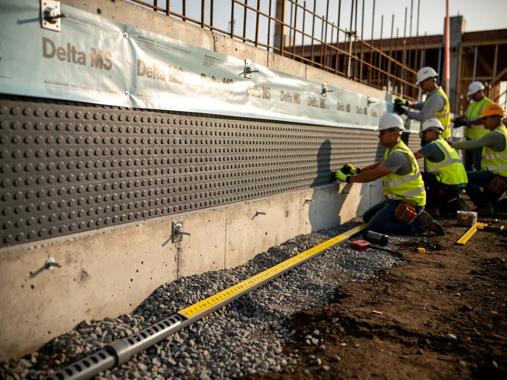 Coupe transversale montrant l'installation de la couche de drainage Delta MS sur un chantier de construction