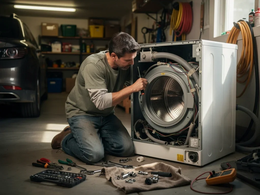 Passionné de bricolage réparant une machine à laver dans un garage avec des outils éparpillés autour