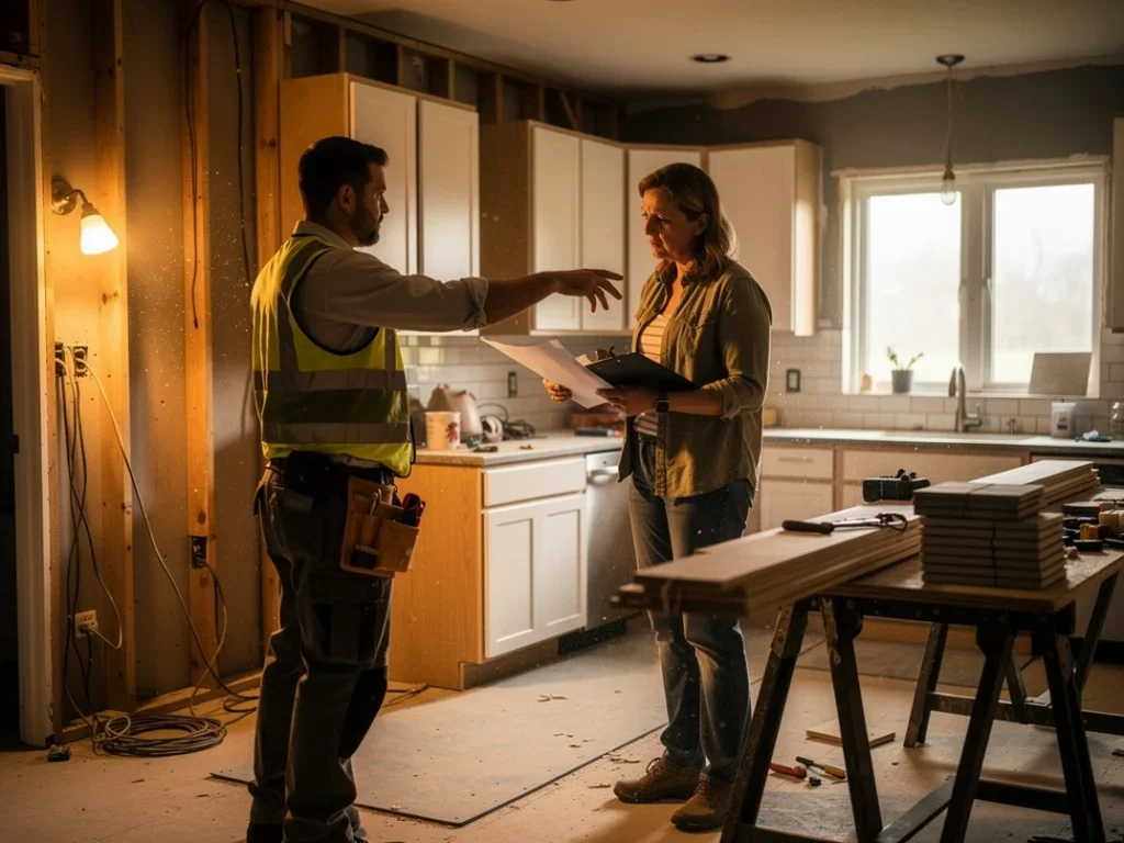 Propriétaire inquiet examinant un projet de rénovation avec un entrepreneur dans une cuisine inachevée