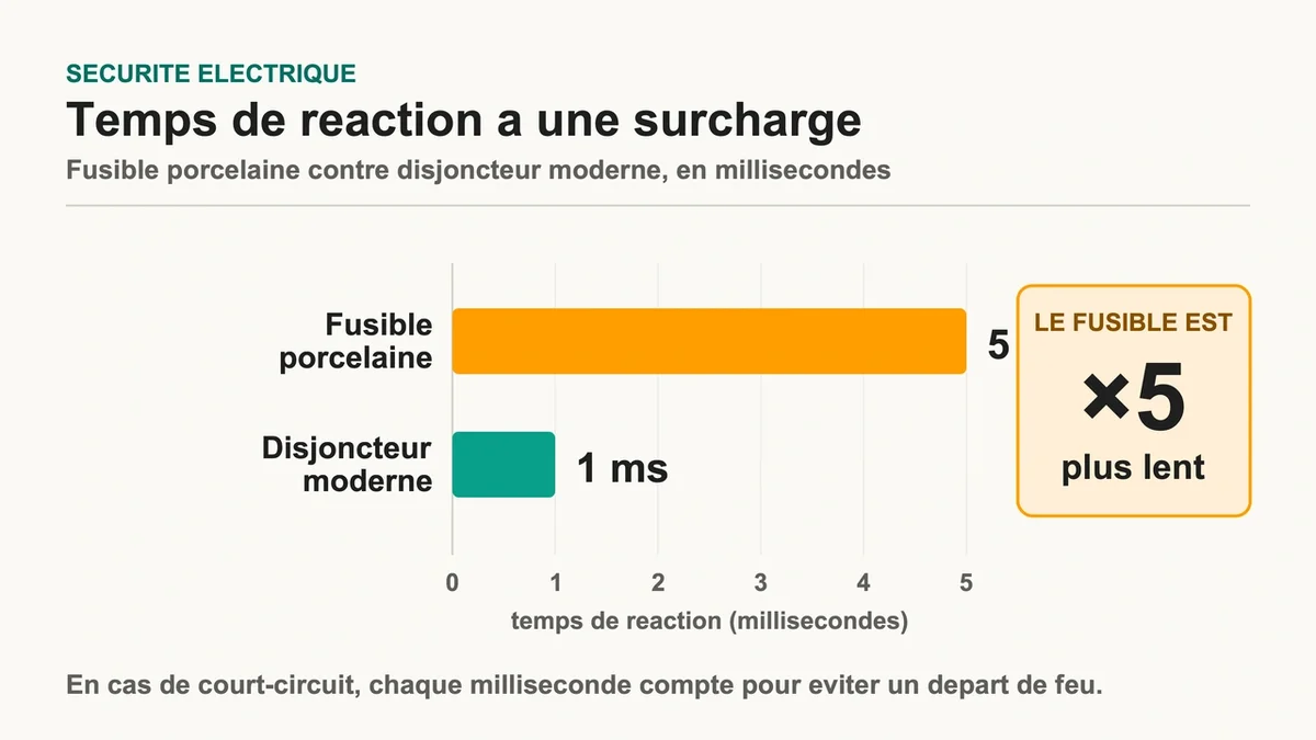 Comparaison entre un fusible en porcelaine et un disjoncteur moderne en fonctionnement
