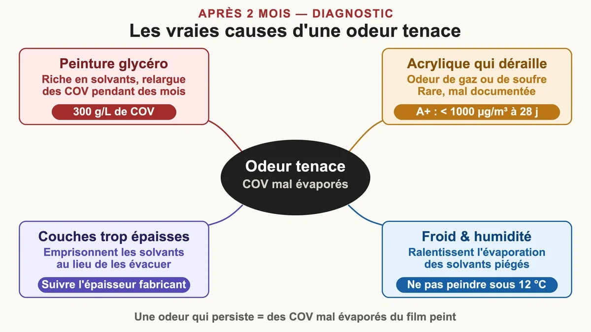 Flacons de peinture glycéro et acrylique sur une table avec des indications sur les COV et l'humidité