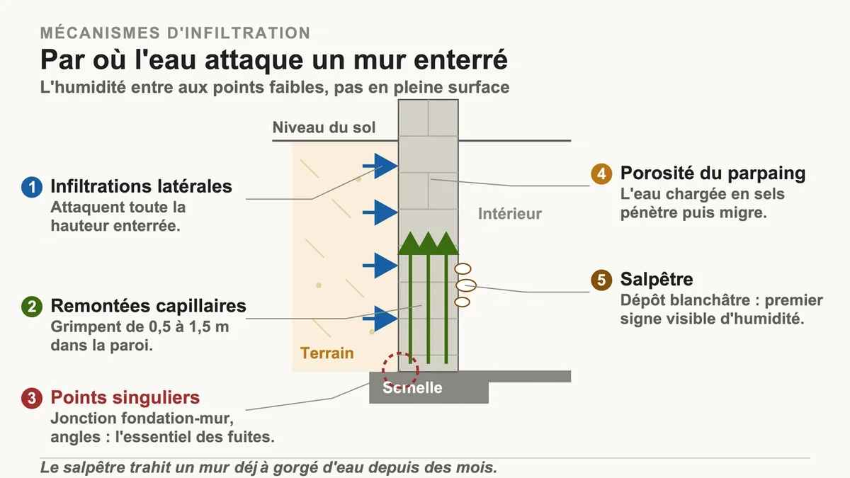 Schéma illustrant une fuite dans un mur enterré et les processus d'infiltration d'eau