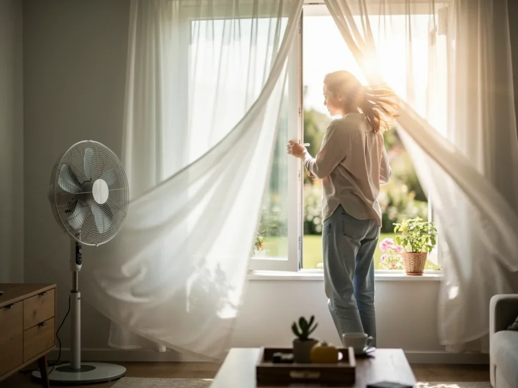 Personne ouvrant des fenêtres pour aérer une pièce, avec un ventilateur à proximité