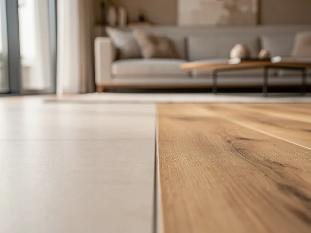 Espace de vie moderne avec une transition élégante entre carrelage et parquet en bois
