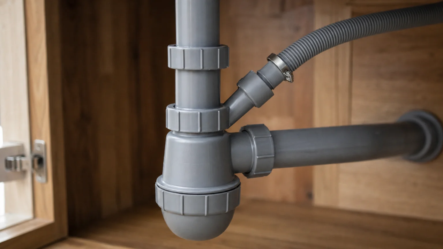 Siphon et tuyauterie d'évacuation sous un meuble d'évier avec piquage du flexible