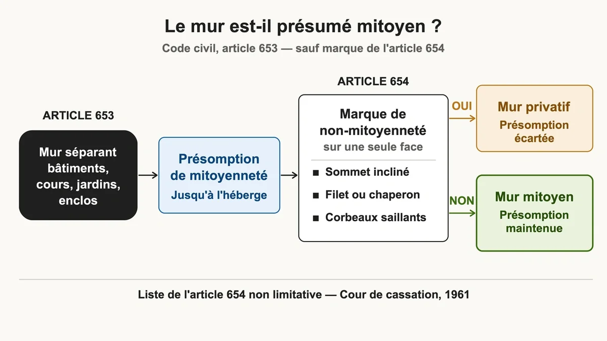 Mur mitoyen entre deux bâtiments illustrant la présomption de copropriété selon l'article 653 du code civil