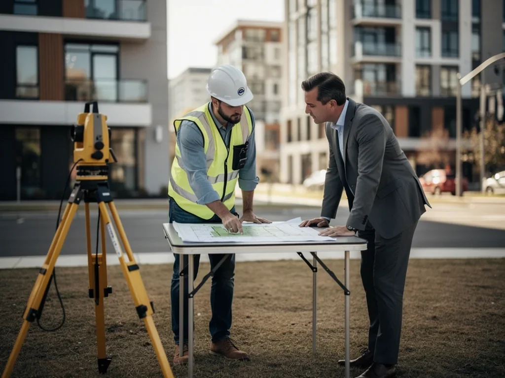 Un géomètre professionnel discute d'une délimitation de propriété avec un client, documents étalés sur une table